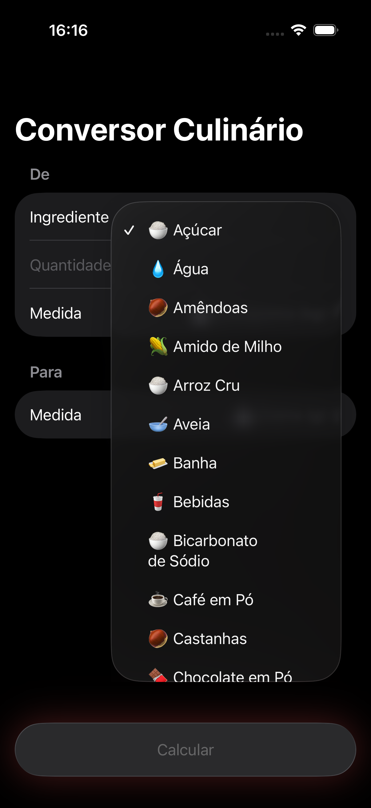 Seleção de ingredientes